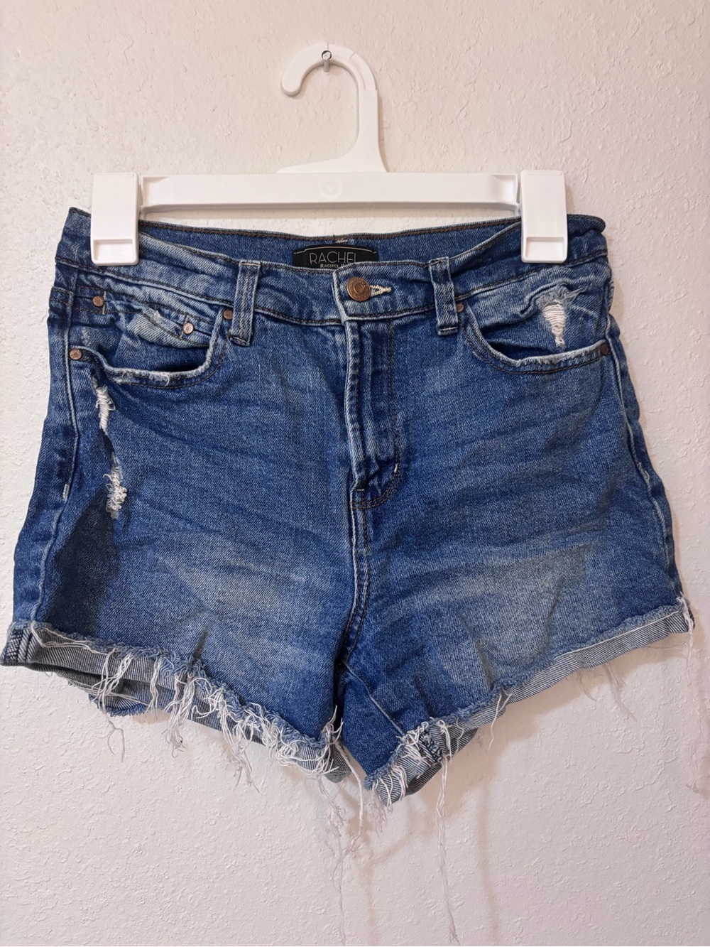 Rachel Rox Distressed Mid-Blue Denim Cutoff Shorts